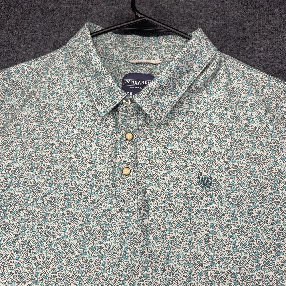 Panhandle Pearl Snap Polo Golf XL Turquoise Southwestern Tile Aztec Print Shirt - Picture 2 of 9